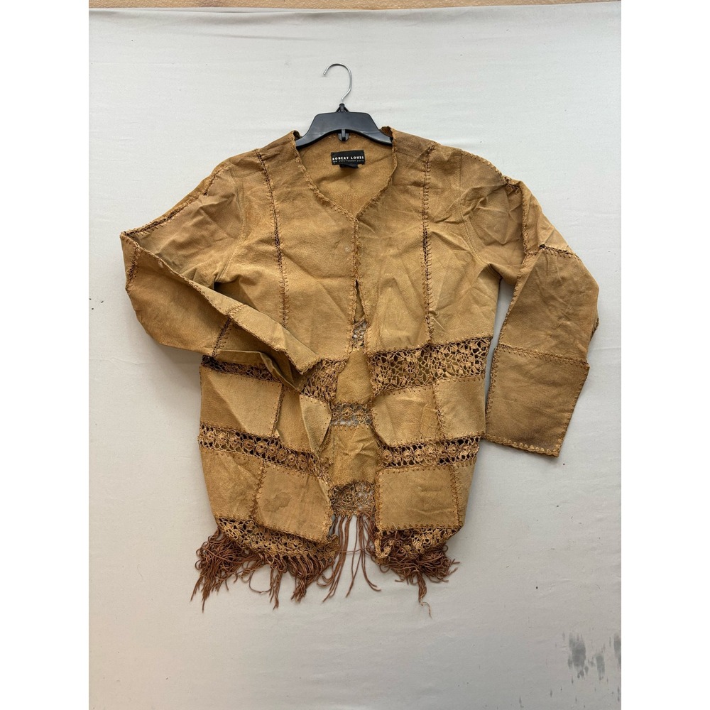 Robert Louis Vintage Patchwork Suede Fringe Jacket Crochet Whipstitch Brown L